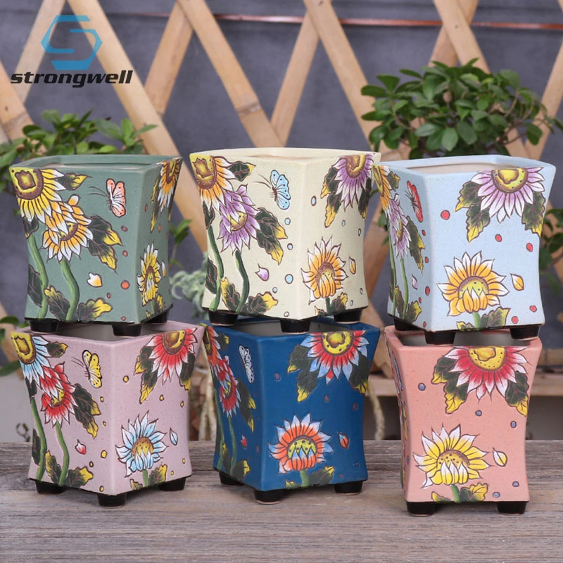 

Strongwell Personality Ssquare Ceramic Flower Pot Mini Green Plants Potted Container Home Antique Hand Paonted Flowerpots Crafts