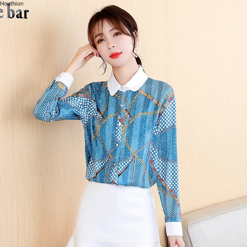

Summer New Women's Blouses Polo Shirt Long Sleeve Top Stitching Blouse Printing Satin Casual Fashion Loose