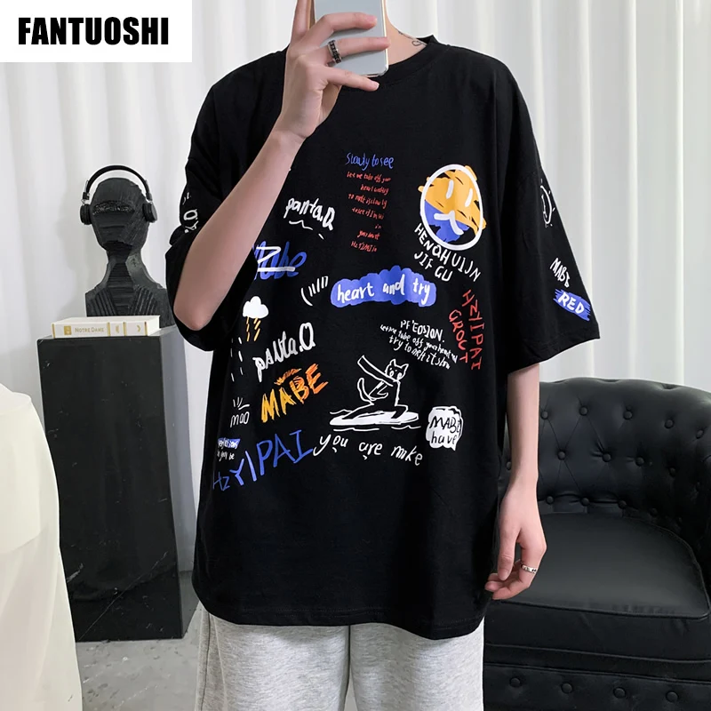 

2020 Summer new 100% cotton loose short sleeve t-shirt men's large Hand-painted cotton t fashion Style Japan men's T-Shirts
