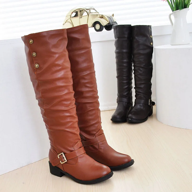 Taoffen 2020 Women Knee High Boots Round Toe Daily Casual Winter Flats Buckle Slip On Warm Fur Shoes Woman Size 34-43 | Обувь