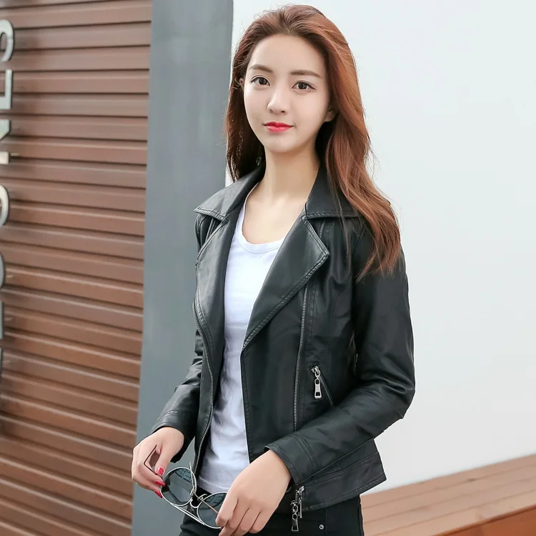 

Coat Women's PU Spring Leather Jacket Motorcycle Black Short Basic Faux Leather Jackets Women chaquetas invierno mujer 116