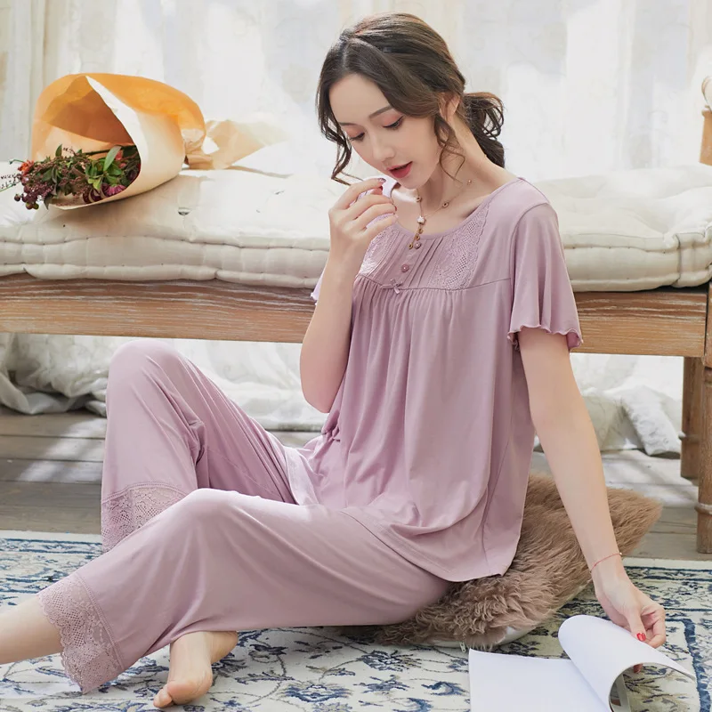 Modal Pajamas Women's Summer Short Sleeve Large Loose Female Nightwear Summer Thin Home Suit Lady Sleepwear Sleeping Wear