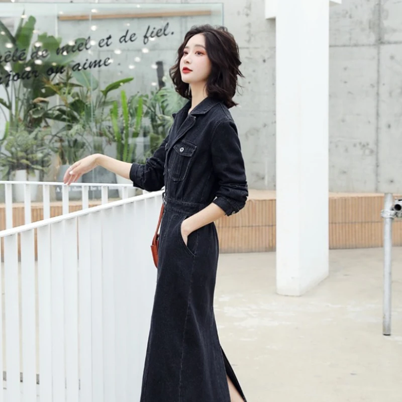 

Spring Autumn 2021 Women Long Denim Dress Fashion Turn-down Collar Long Sleeve Midi Dresses Women Casual Loose Black Jeans Dress