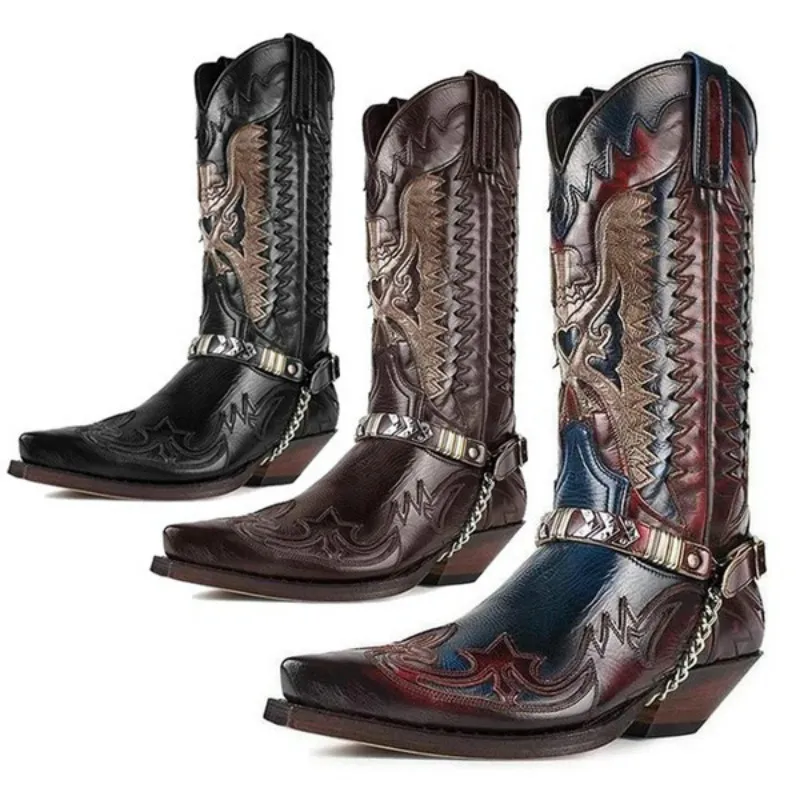 

38-48 Plus Big Size Men High Boots Punk Belt Buck Cow Boy Boots for Men 2020 Autumn New Embriodery Pointed Toe High Boots Mens