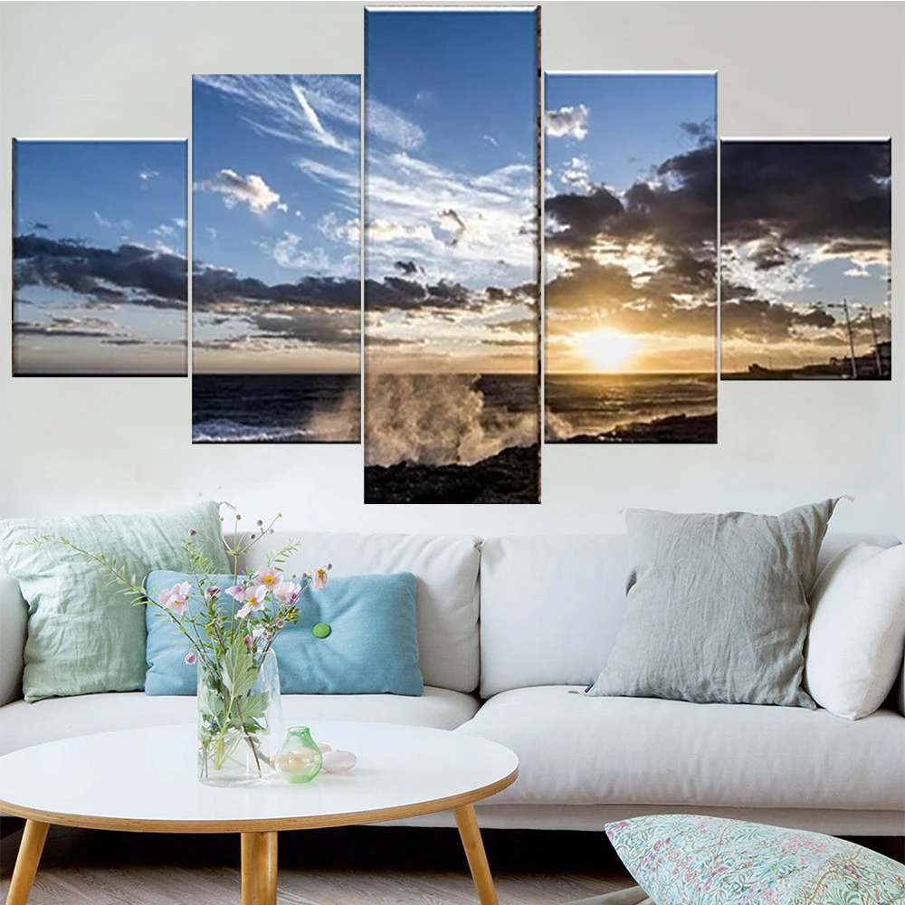 

5 Pieces Wall Art Canvas Painting Seascape Poster Sunset Wave Modern Home Modular Pictures Living Room Framework Decoration