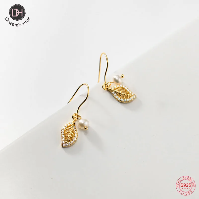 

Dreamhonor 100% 925 Sterling Silver Crystal Pearl Gold Color Leaves Drop Earrings Wholesale Women Party Jewelry SMT141
