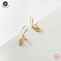 dreamhonor 100 925 sterling silver crystal pearl gold color leaves drop earrings wholesale women party jewelry smt141