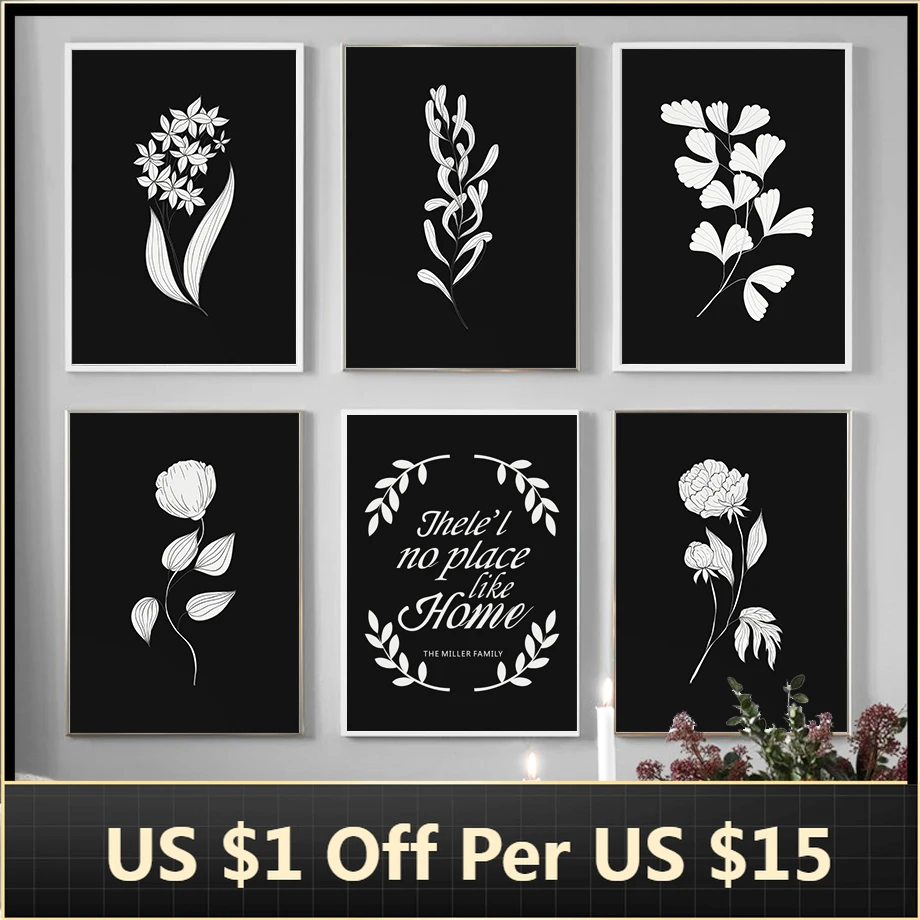 Картина на холсте черно белая роза цветок листья цитаты скандинавские постеры и