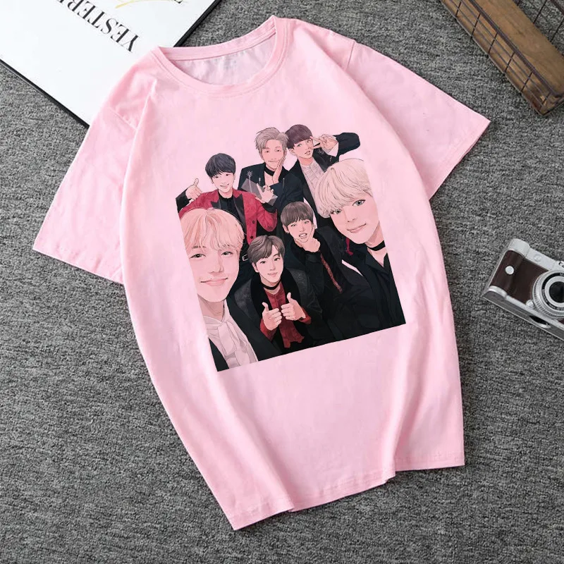 Корейский стиль 2020 Kpop Bangtan футболка для мальчиков женская розовая Повседневная