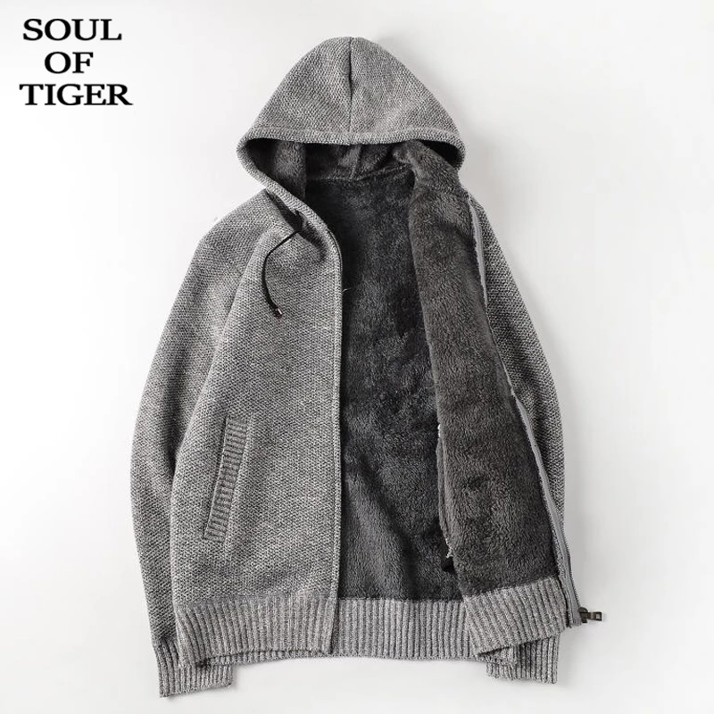 

SOUL OF TIGER Korean Fashion Winter New Knitted Cardigans Mens Vintage Hooded Sweaters Male Loose Zipper Fur Clothing Plus Size