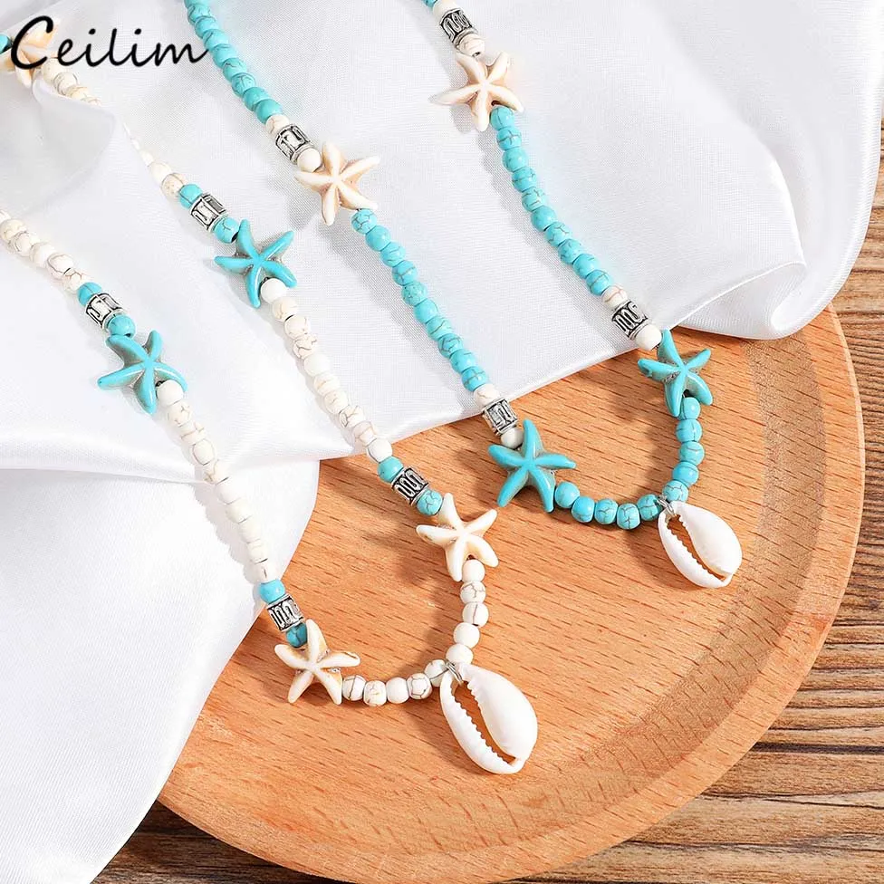 

2022 New Bohemian Natural Stone Shell Pendant Short Necklace for Women Starfish Beads Chokers Female Collar Summer Jewelry