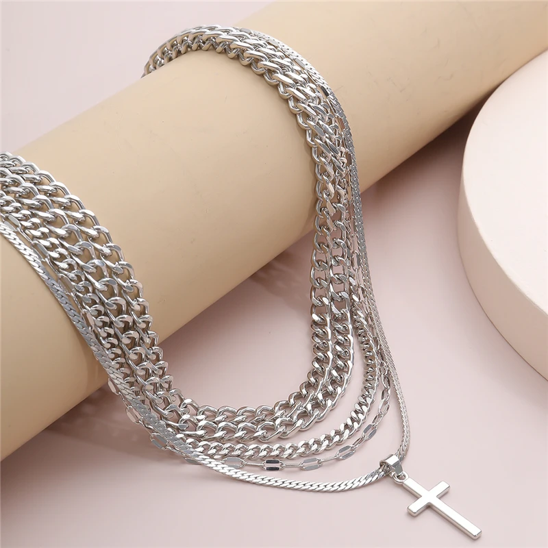

Ailodo Multilayers Silver Color Thick Chain Necklace Collier Femme Boho Punk Cross Pendant Necklace Women Men Friends Jewelry