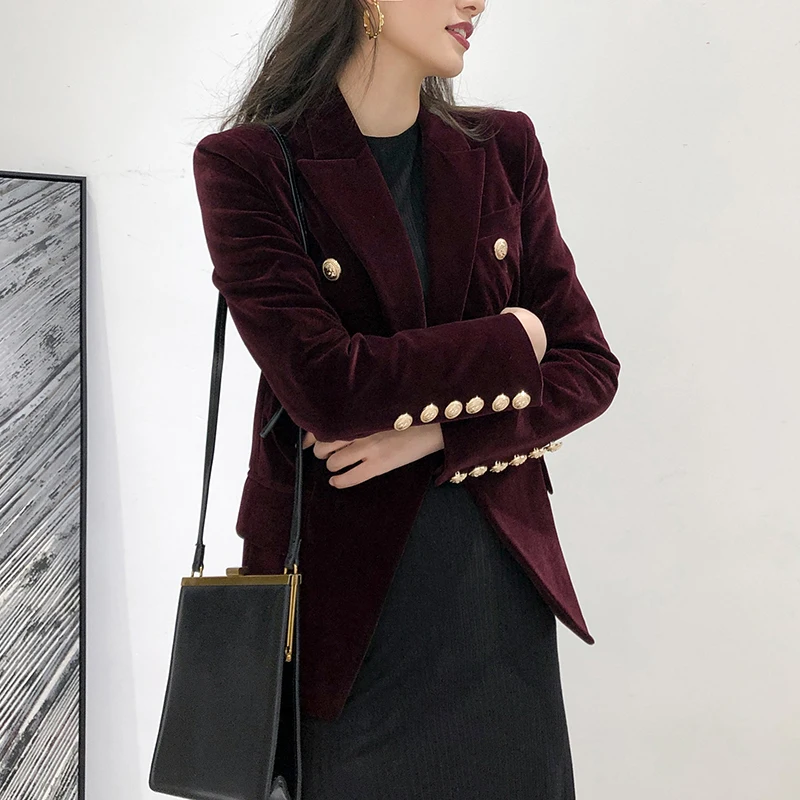 

Women Wine Red Velvet Blazer Slim Long Sleeve Metal Buttons Suit Blazer Elegant Office Ladies Outerwear Jacket Coat