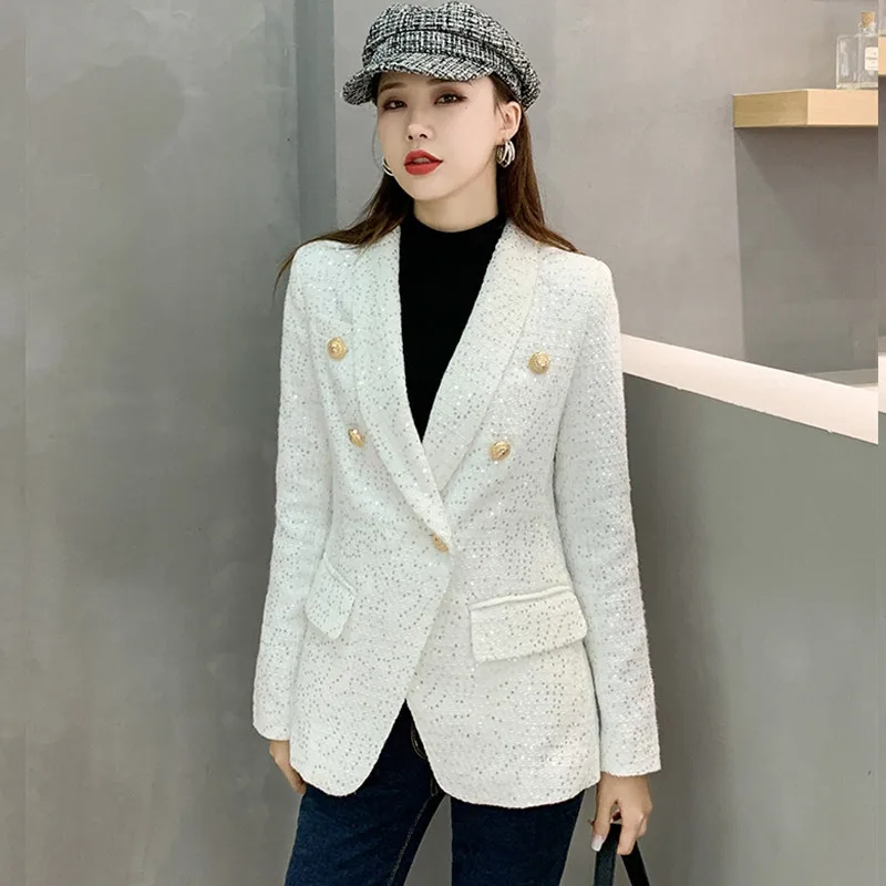 

womens blazers jacket autumn new style fashion double-breasted tweed temperament suit jacket women sequined slim fit jacket