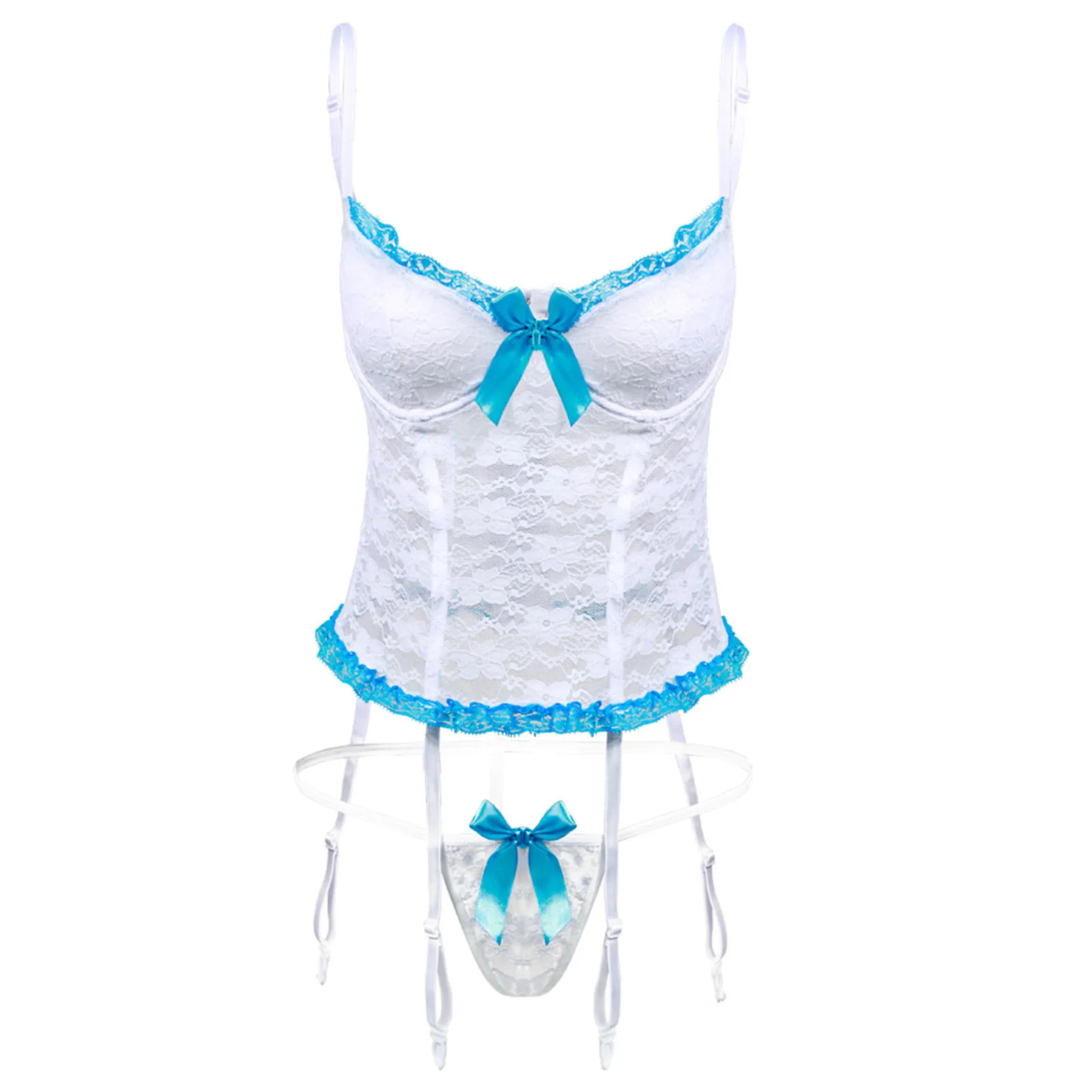 

Women Sexy Pajamas Bow Garter Belt Underwear Lace Sling Suit Sleepwear Women Pyjama Femme 2021