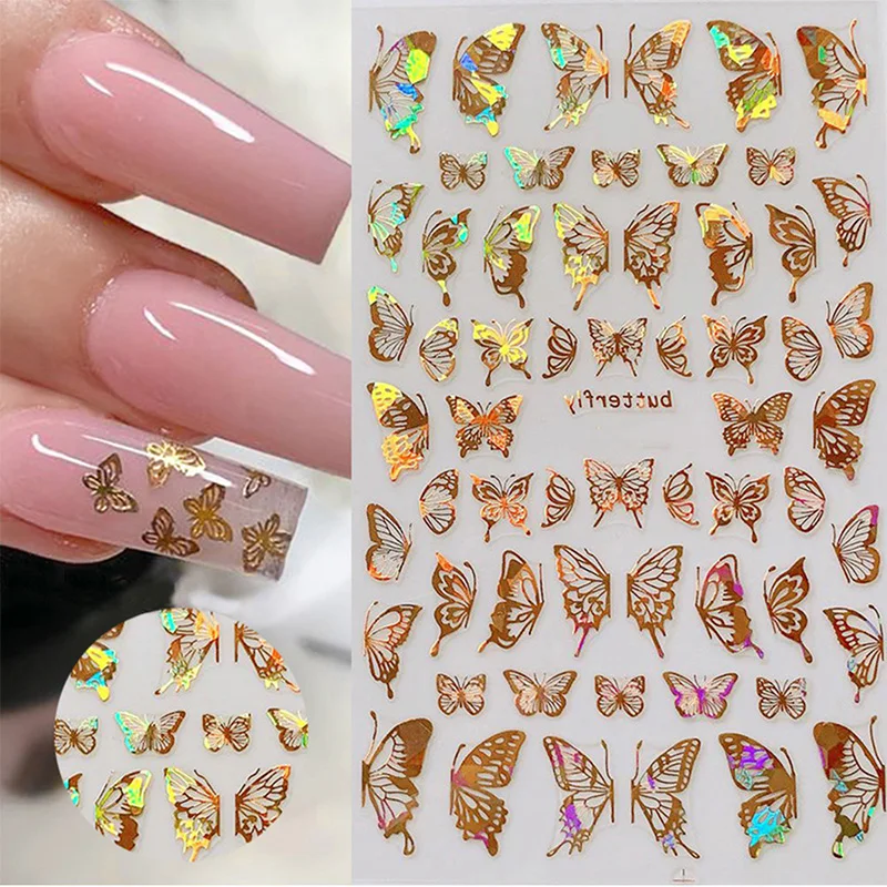 

1pc Holographic 3D Butterfly Nail Art Stickers Adhesive Sliders Colorful DIY Golden Nail Transfer Decals Foils Wraps Decorations
