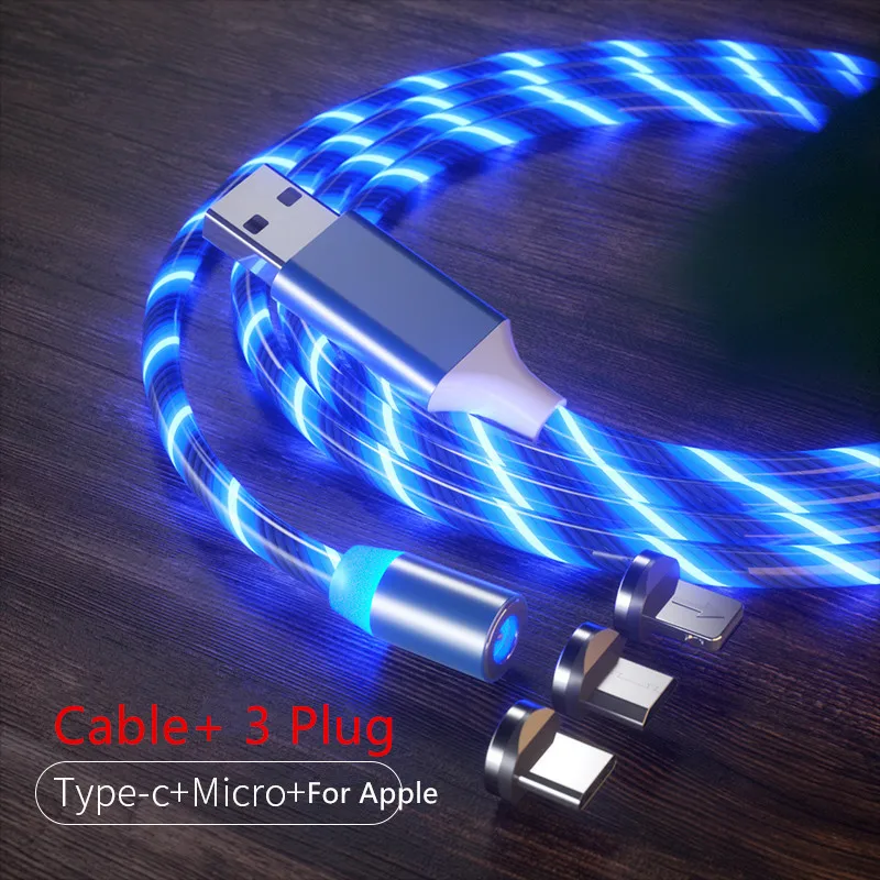Blue 3 Plug 1/2 м Магнитный кабель для быстрой зарядки светящийся в ночное время 2.4A Micro usb type C кабель для iphone samsung huawei Светодиодная лампа Xiaomi провод шнур - Цвет: Blue 3 Plug