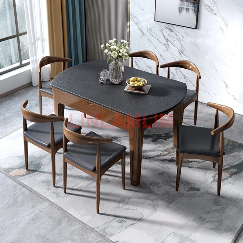 

dining table set 6 chairs folding table sintered stone marble solid walnut rubber wooden Nordic comedor sillas de comedor mesa