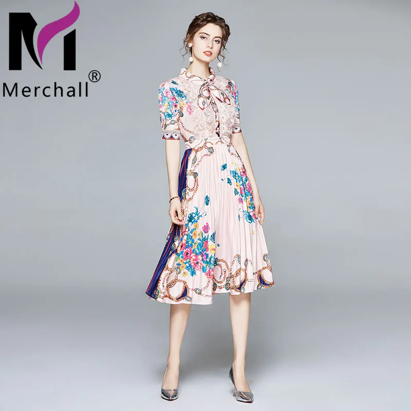 

Женское кружевное платье миди Merchall, модельное винтажное платье с цветочным принтом, плиссированное платье с коротким рукавом, M61085, лето 2021