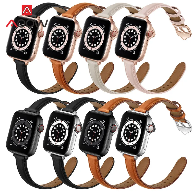 

Genuine Leather Strap for Apple Watch iwatch 6 5 4 3 2 SE 38mm 42mm 40mm 44mm Rose Gold Buckle Women Slim Replacement Wrist Band