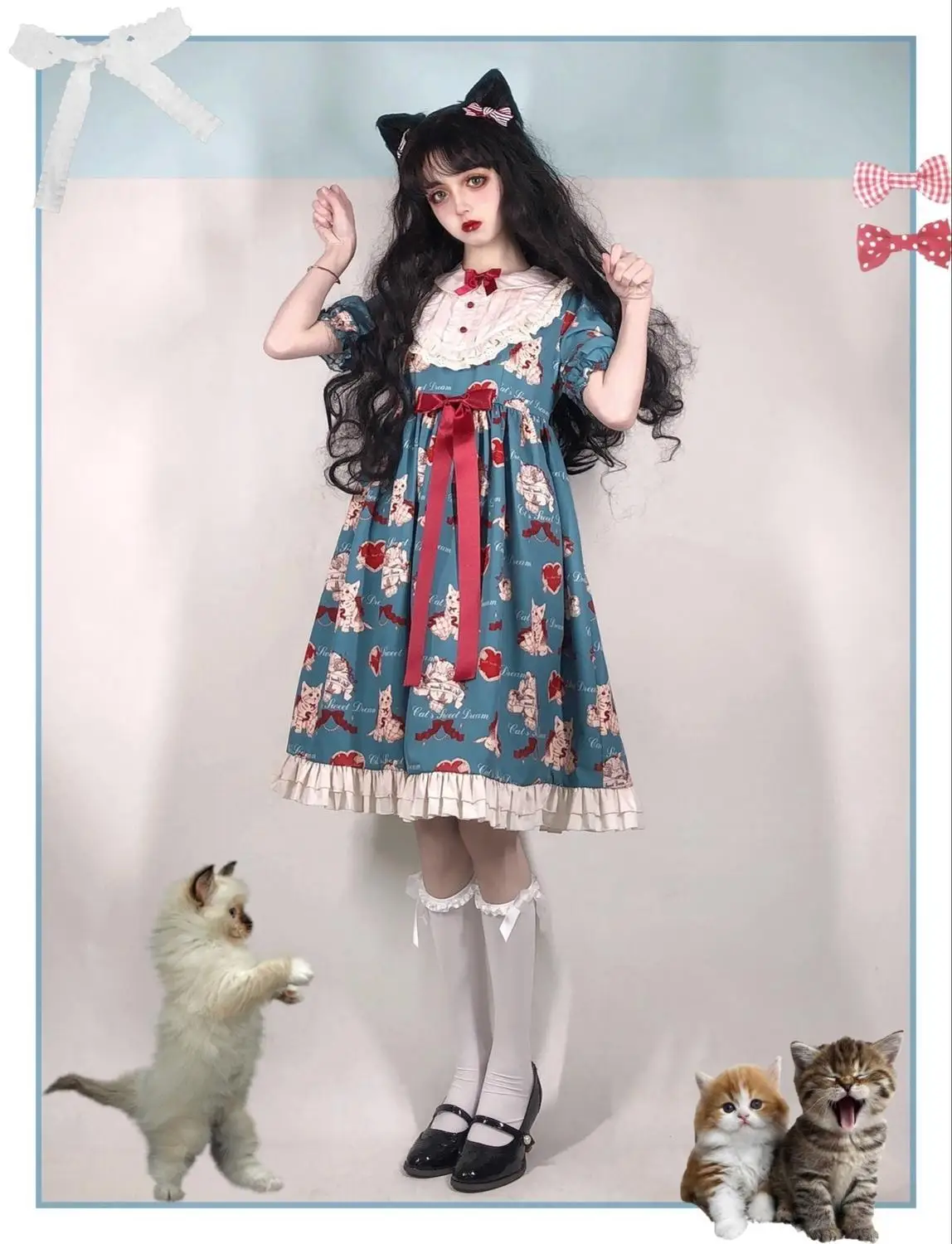

Japanese Sweet Kawaii Lolita dress gray-green cat Lolita cat Vintage Victorian Gothic Bow Princess Tea Party Dresses