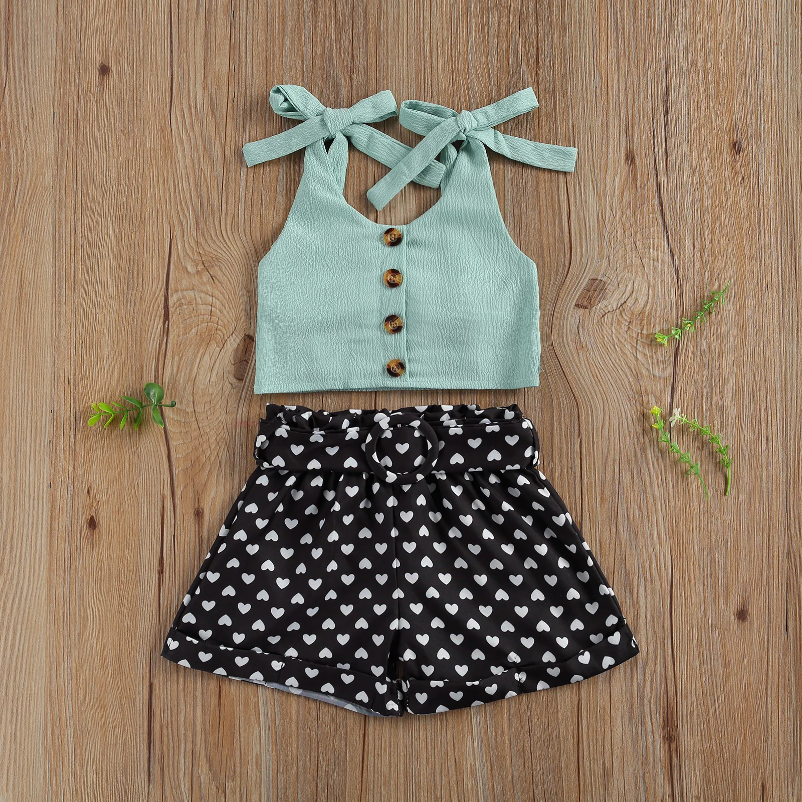 

Toddler Baby Girl Summer 2Pcs Set Solid Bandage Suspender Tops + Polka Dot Elastic Heart Short Pants Casual Children Outfits