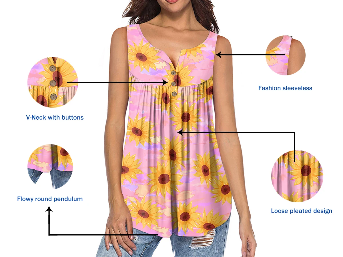 

NOISYDESIGNS Womens Casual Summer Loose Women Blouse Dinosaur Printing Button Pleated Tunic Tops V-neck Female Pullover Tops