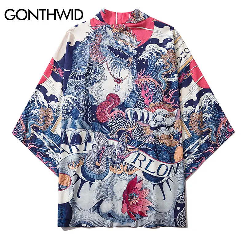Кимоно GONTHWID с принтом китайского льва и дракона японское кимоно кардиган пальто