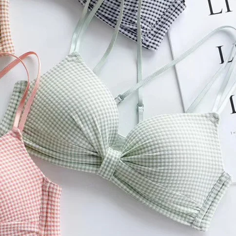 

Red Pink Style Plaid Girl Underwear Small Chest Gathered Without Steel Ring Underwear Women's Thin Shoulder Belt Back Bra Suit
