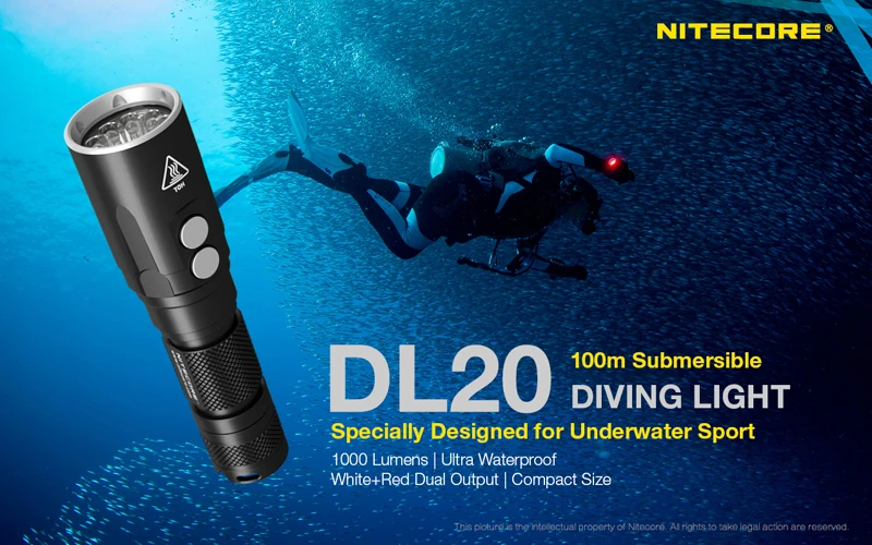 100 метров погружной ультра водонепроницаемый фонарик NITECORE DL20 1000 Люмен двойной источник света для подводного спорта