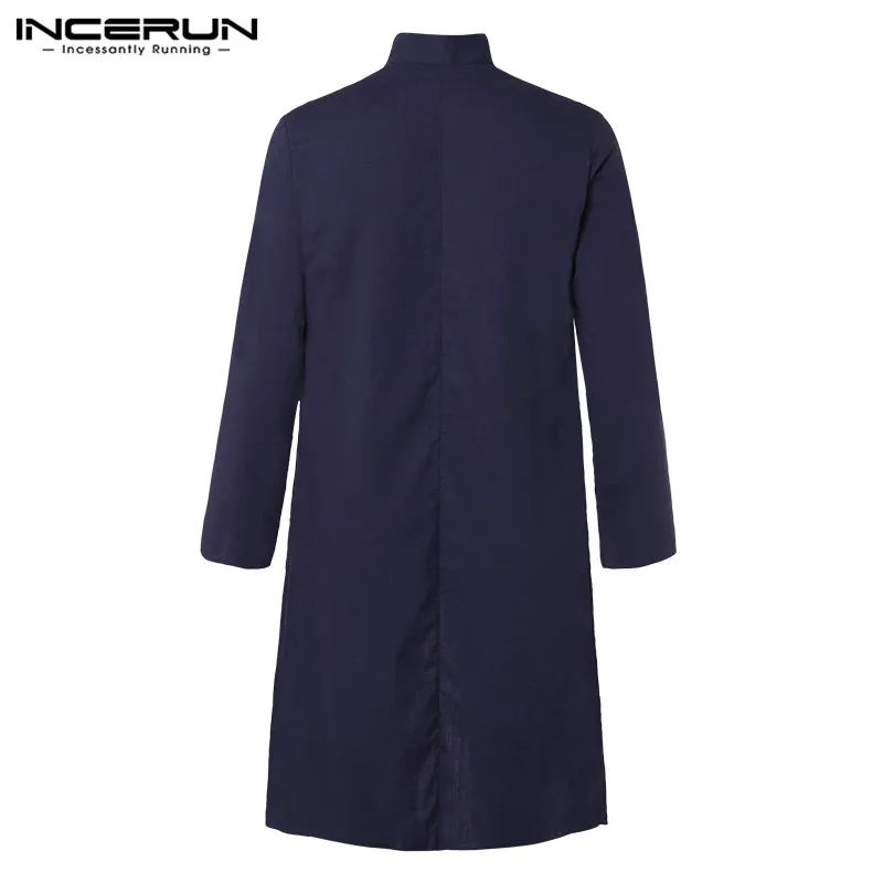 

INCERUN Vintage Men Casual Shirt Cotton Long Sleeve Stand Collar Solid Color Long Tops Streetwear Retro Muslim Kaftan Camisas