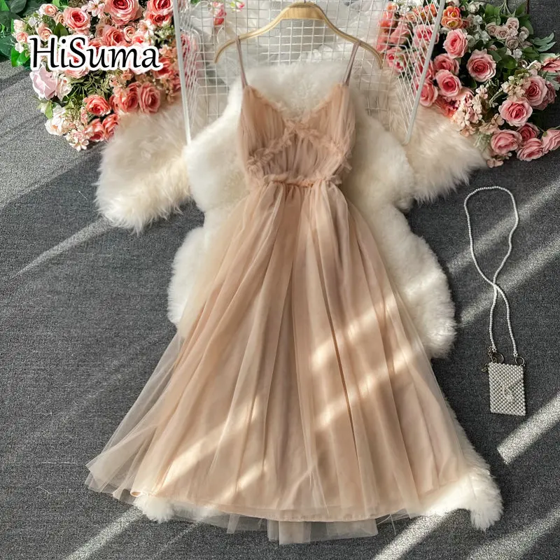 

2021 summer new women sling V collar ruffles gauze A-line dress female strap Chic elegant waist mesh party dresses
