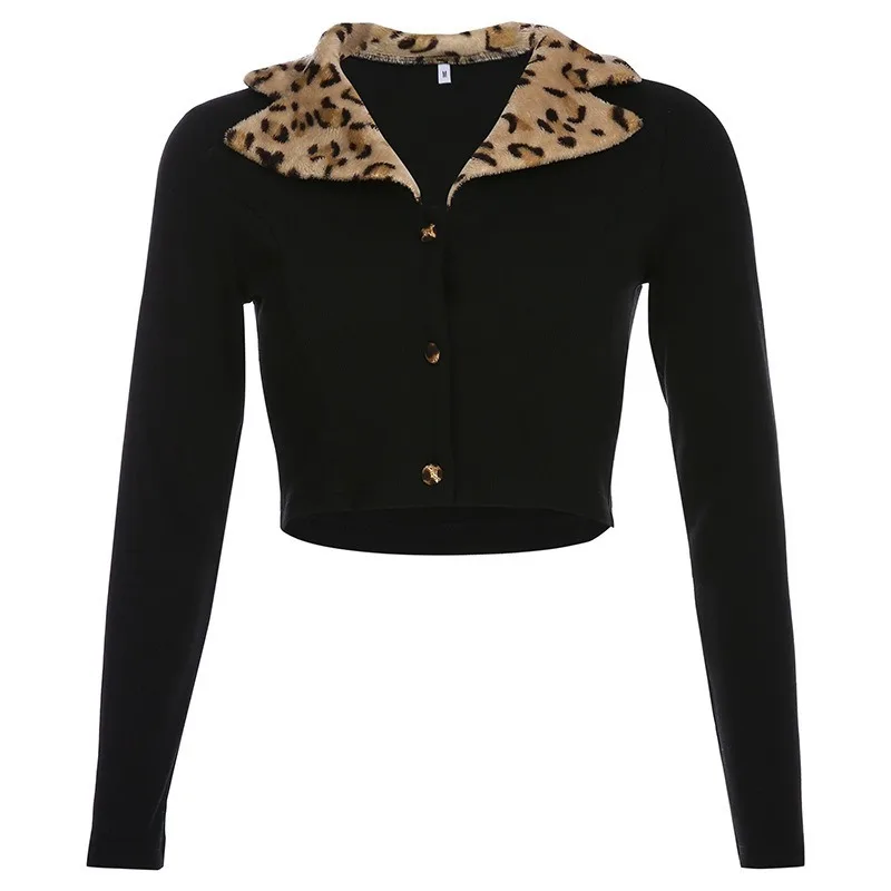 

2020 autumn new t-shirt women's European and American hot style leopard print lapel slim short long sleeve jacket for women