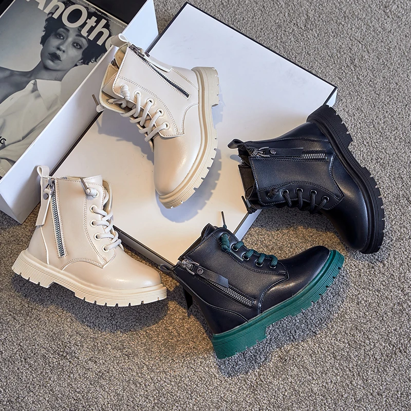 

2022 Kids Shoes Winter Boys And Girls Martin Boots Baby Fashion Boots Children Leather Mid-Calf Shoes Outdoor Non-slip Black