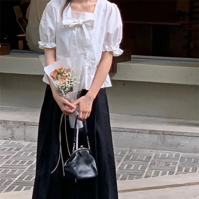 

Square Collar Blouses Women Summer Bows Loose Ruffles White Elegant Tender Puff Sleeve Harajuku Solid Simple Fashion Retro New