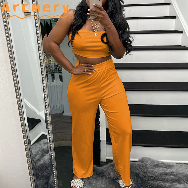 

2 Pieces Pants Sets Women Chic Streetwear Suits Tube Top & Casual Slim Pants Set