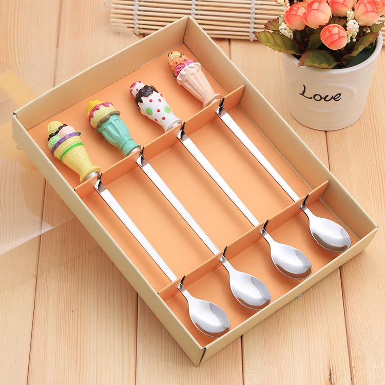 

4PCS/set 21cm long handle cake resin stainless steel spoons set coffee stirring spoon ice cream scoop flatware set birthday gift