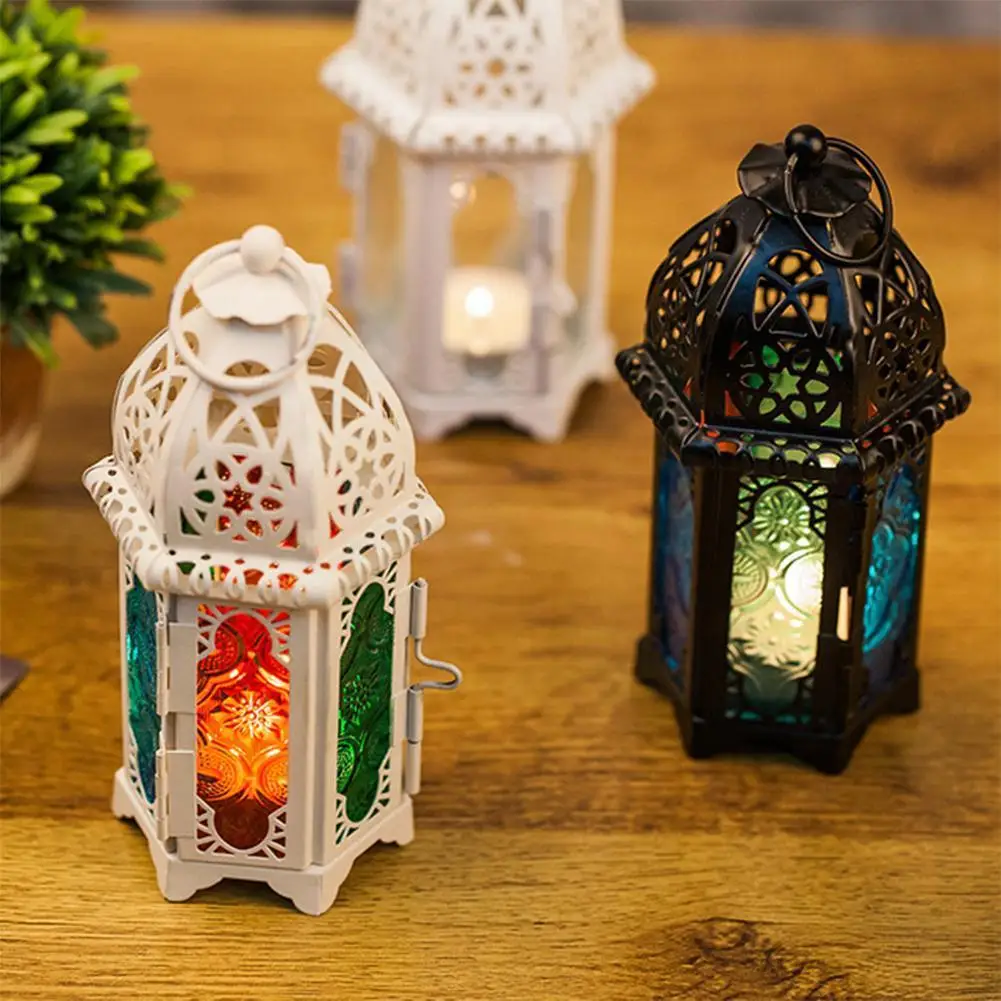 Votive Candle Holder Hanging Home Stained Candlestick Lantern Decoration Iron Glass Lantern S8x8