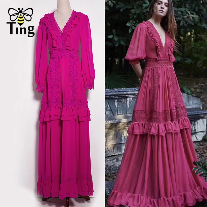 Tingfly модные роскошные Ruched Ruffles вечерние платья макси винтажная кружевная вставка