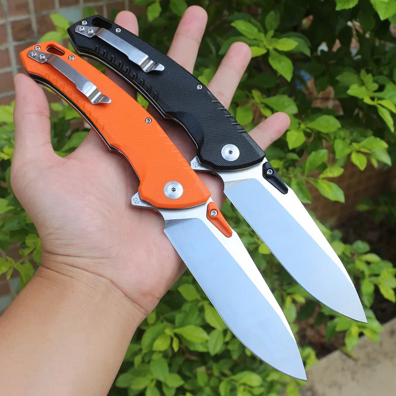 

D2 steel Folding Pocket Knife Belt Clip Orange G10 Handle Ceramics Ball Bearings Tactical Knife Sharp Blade Outdoor Survival EDC