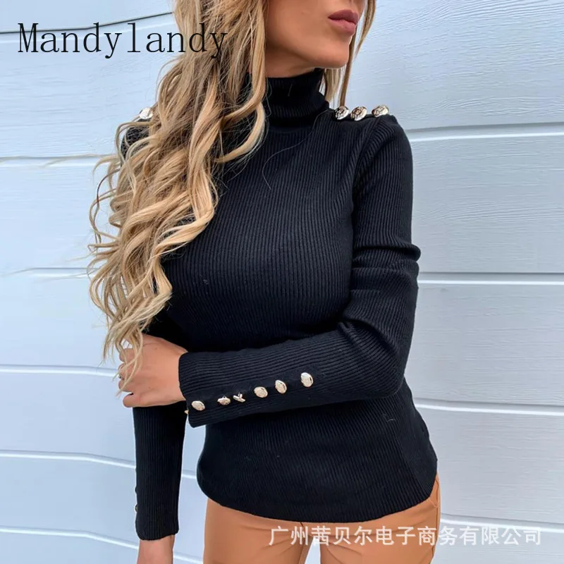 

Mandylandy Sweater Summer Fashion Turtleneck Slim-Fit Sweater Women's Casual Solid Color Buttons Sweater