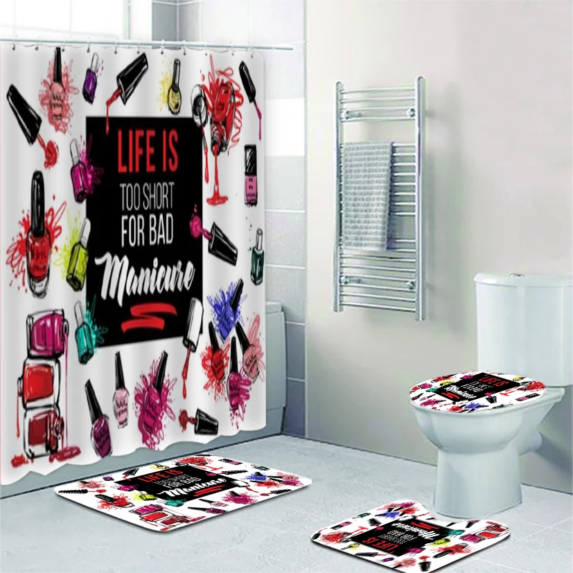 

Funny Quote Nail Salon Shower Curtain Set Life is Too Short for Bad Manicure Bathroom Curtain and Mat Beauty Salon Make Up Decor