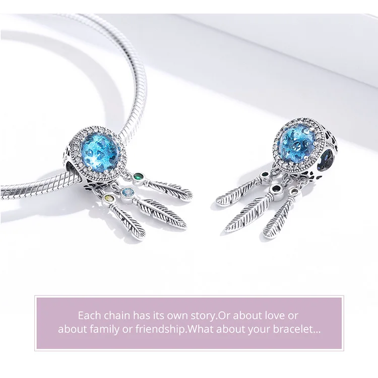 Браслет Pandora, серебро 925,, голубой CZ, Ловец снов, амулеты, S925, Круглый, Богемия, перо, циркон, бусины для изготовления ювелирных изделий