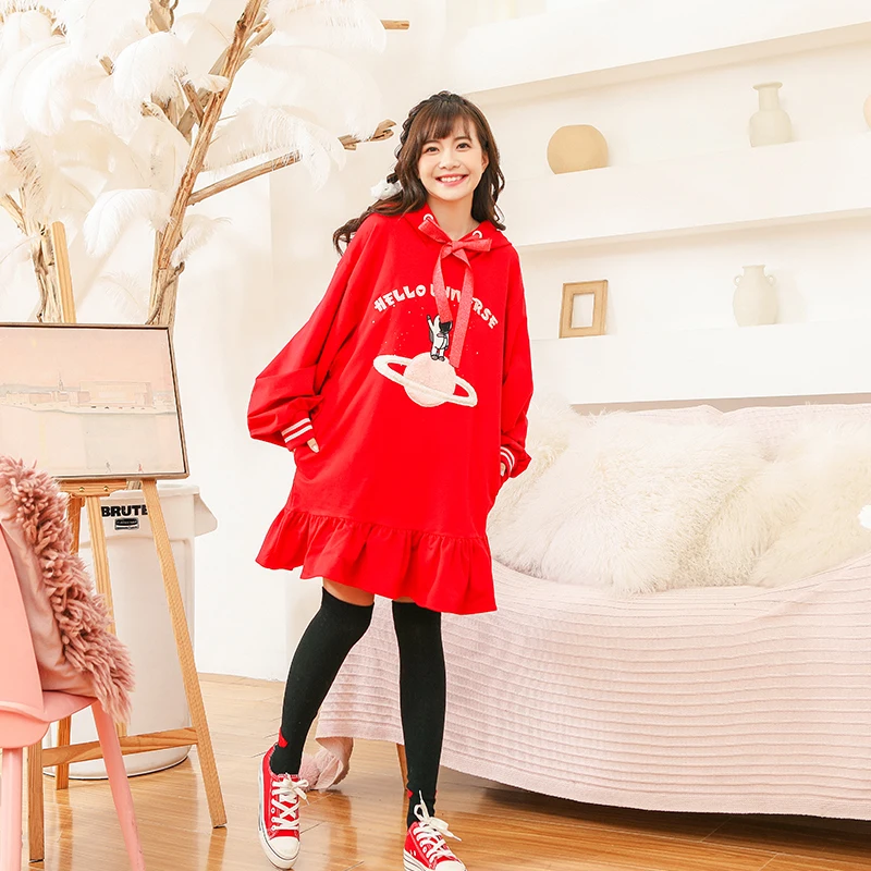 

Princess sweet lolita hoodies Spring sweet girl star patchwork hoodies big swing hooded fishtail red hoodies women VC302