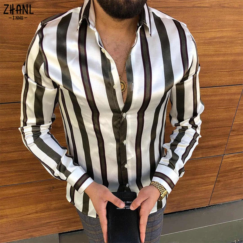 

Autumn New Men's Long Sleeve Striped Casual Shirt Vintage Printed Lapel Button Shirts Cool Thin blouse Male Clothes Streetwear