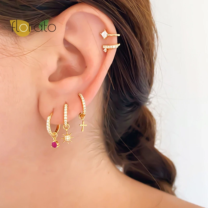 

4Pcs/Set Crystal Hoop Earrings Set 925 Sterling Silver Cross Moon Star Cute Small Circle Earrings Sets For Women Korean Jewelry