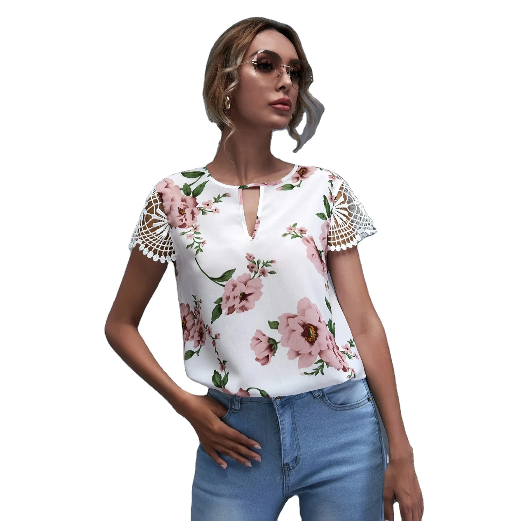 

Summer European and American hedging round neck lace short-sleeved printed off-the-shoulder top T-shirt women