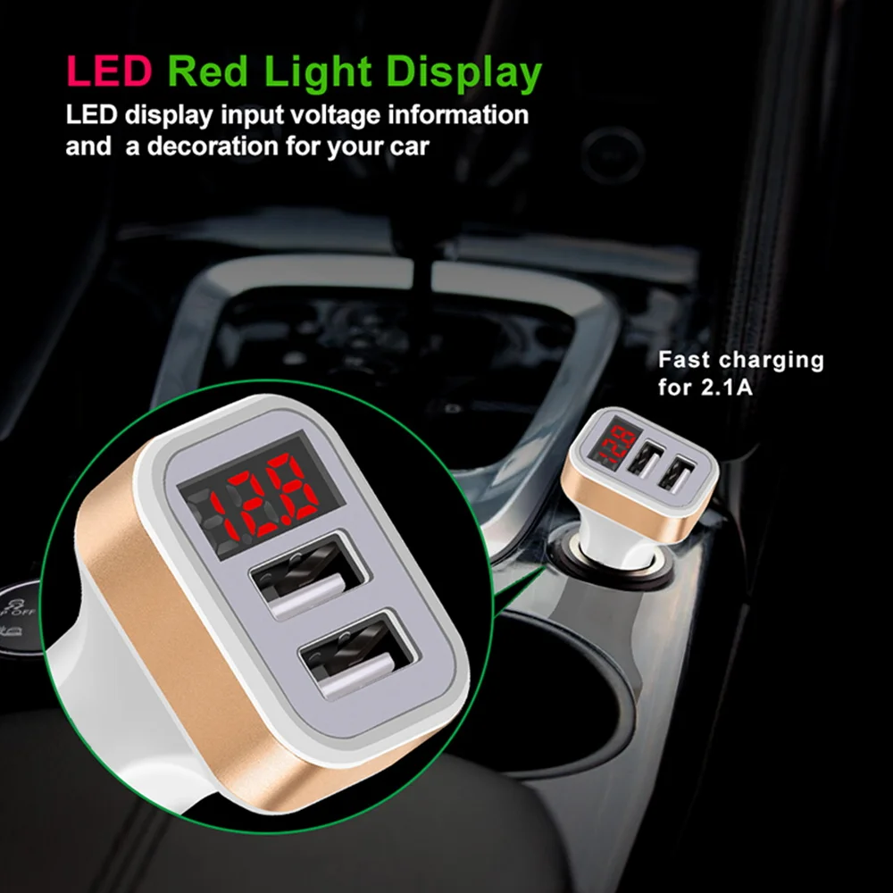 5v 2 1a1a car charger for smart phone dual usb output led display battery voltage detection free global shipping
