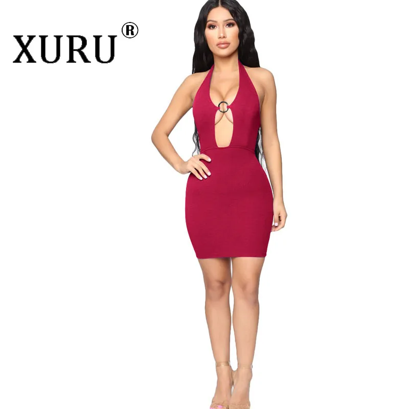 

XURU nightclub sexy buckle deep V-neck dress summer new women's dress low-cut hanging neck backless Slim bag hip dress