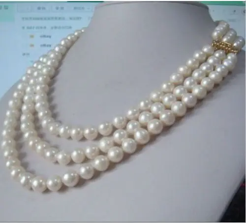 

Hot sale new Style charming 3 rows AA+ 9-10mm natural south sea white pearl necklace 17"18" 19"14KGP